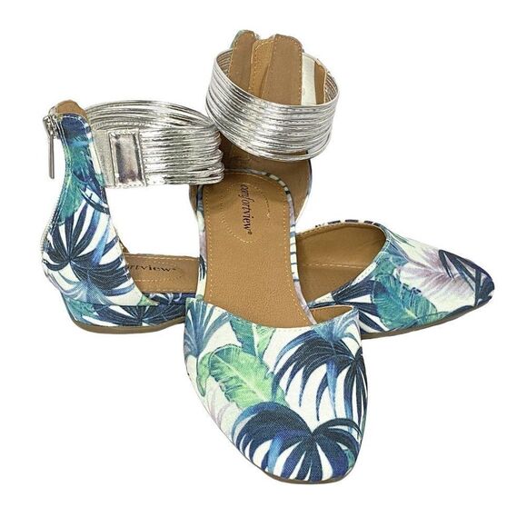 Comfortview Aylin Leaf Print Canvas Flats Sz 7.5M Silver Elastic Ankle Wrap NEW - Picture 6 of 8